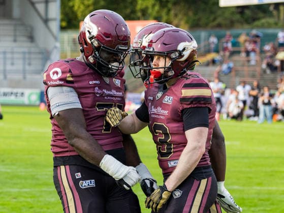 Celebration from 71 Eugene Asiedu (Offensive Tackle) Rhein Fire and 13 Jannik Lörcks (Wide Receiver) Rhein Fire Rhein Fire vs Alpine Rams, Panthers Wroclawl, American Football League Europe, Semi Final, 2026, 30.08.2026, Duisburg Schauinsland-Reisen-Arena Germany Copyright: xPFA ChristopherxMettkenx