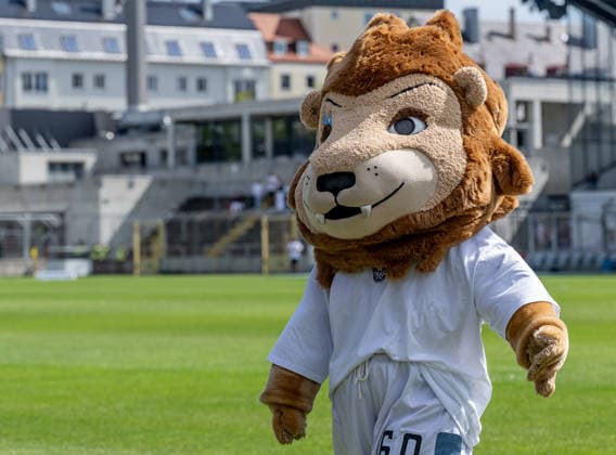 Sechzgerl, the mascot of TSV 1860 Munich (GER), TSV 1860 Munich vs. TSV Landsberg 1882, soccer, Bavarian Regional League, Matchday 6, 2026–2027 season, August 30, 2026 DFL DFB regulations prohibit any use of photographs as image sequences and or quasi-video. Photo: HMB Media, Heike Feiner Copyright: HMBxMedia HeikexFeiner