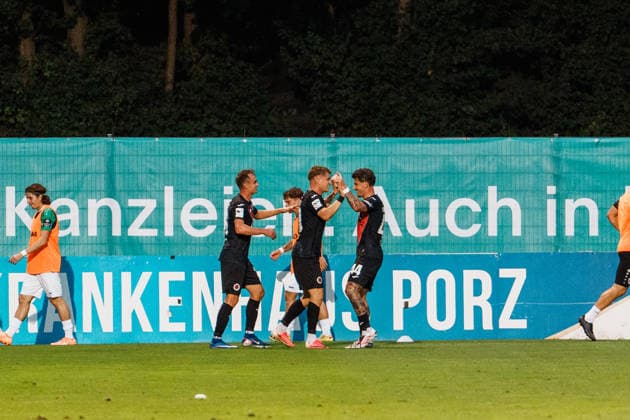Germany Men s Soccer 3rd Division 2026–2027, Matchday 3: FC Viktoria Köln vs. SC Preußen Münster—Cologne fans celebrate after a goal by David Otto of FC Viktoria Köln; score 10–3 to 1 Copyright: xThiemoxRudolphx