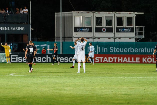 Germany Men s Soccer 3rd Division 2026–2027, Matchday 3: FC Viktoria Köln vs. SC Preußen Münster; Cologne s Antonio Tikvic of SC Preußen Münster, No. 4, is frustrated after a missed chance, emotion, frustration Copyright: xThiemoxRudolphx