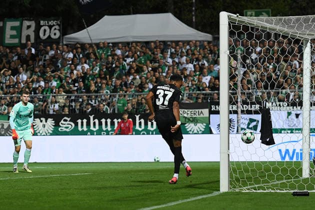 Soccer, 3rd Division, Matchday 3: FC Viktoria Köln vs. SC Preußen Münster on August 30, 2026, at Sportpark Höhenberg in Cologne. Goal to make it 4–1 by Noah Maboulou (Cologne). DFB regulations prohibit any use of photographs as image sequences and or quasi-video. xRx