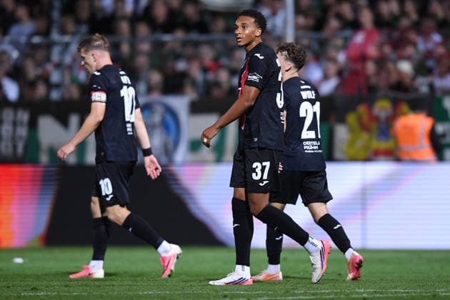 Soccer, 3rd Division, Matchday 3: FC Viktoria Köln vs. SC Preußen Münster on August 30, 2026, at Sportpark Höhenberg in Cologne. Celebrations following Noah Maboulou’s goal to make it 4–1 for Cologne. DFB regulations prohibit any use of photographs as image sequences and or quasi-video. xRx