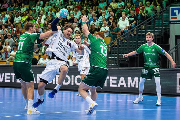 August 30, 2026, xovx, Opel Handball Bundesliga, HSG Wetzlar vs. SG BBM Bietigheim; Petter Överby (HSG Wetzlar), Fynn Luca Nicolaus SG BBM Bietigheim, Mathias Larson SG BBM Bietigheim, Tomas Piroch HSG Wetzlar, Tristan Kirschner HSG Wetzlar Wetzlar Buderus Arena Hesse Germany DE
