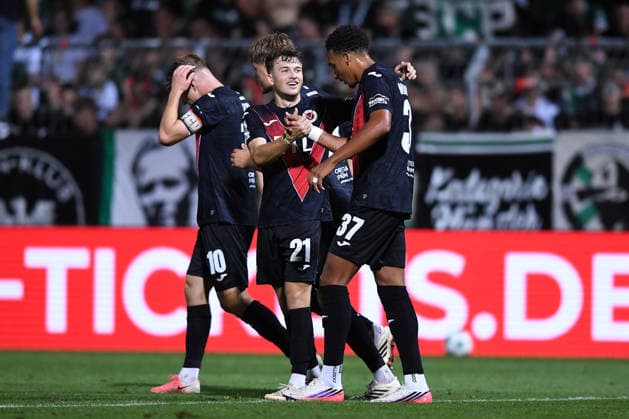 Soccer, 3rd Division, Matchday 3: FC Viktoria Köln vs. SC Preußen Münster on August 30, 2026, at Sportpark Höhenberg in Cologne. Celebrations after Noah Maboulou’s goal to make it 4–1 for Cologne. DFB regulations prohibit any use of photographs as image sequences and or quasi-video. xRx