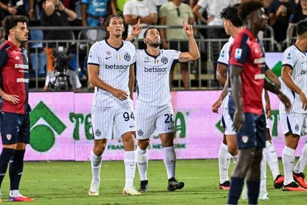 IPA87947029 - Hakan Calhanoglu of Inter, Exultation, Joy, Celebration After Scoring a Goal, During the Cagliari Calcio vs. Inter - FC Internazionale Italian Serie A Soccer Match in Cagliari, Italy, August 30, 2026  Copyright: xLuigixCanu IPAxSportx xx 87947029