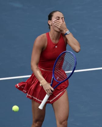 Marta Kostyuk reacts angrily after a missed volley; disappointment, anger, frustration, emotion, U.S. Open Championships, Billie Jean King National Tennis Center, Flushing Meadows, New York, USA Copyright: xJuergenxHasenkopfx