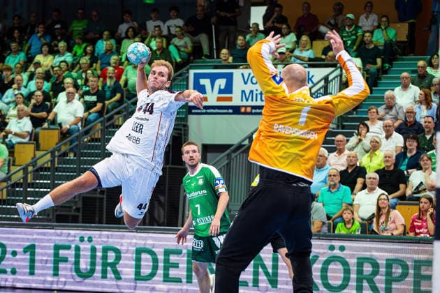 August 30, 2026, xovx, Opel Handball Bundesliga, HSG Wetzlar vs. SG BBM Bietigheim; Mathias Larson (SG BBM Bietigheim), Dominik Mappes (HSG Wetzlar), Bart Ravensbergen (HSG Wetzlar); Wetzlar Buderus Arena, Hesse, Germany, DE