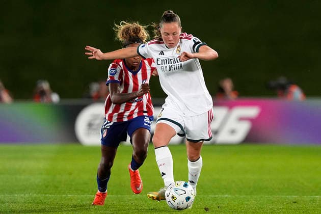 REAL MADRID v ATLETICO DE MADRID. LA LIGA F 2026 2027. ROUND 1. Real Madrid s Janou Levels and Atletico de Madrid s Luany (l) during La Liga F match. August 30,2026. (ALTERPHOTOS Acero) MadridSpain  Copyright: xAcerox
