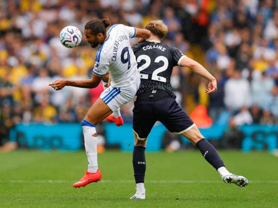 Leeds, England, 30th August 2026. Dominic Calvert-Lewin of Leeds United and Nathan Collins of Brentford during the Leeds United vs Brentford Premier League match at Elland Road, Leeds. Picture credit should read: James Baylis Sportimage EDITORIAL USE ONLY. No use with unauthorised audio, video, data, fixture lists, club league logos or live services. Online in-match use limited to 120 images, no video emulation. No use in betting, games or single club league player publications. SPI_069_JB_LEEDS_BRENTFORD SPI-4950-0069