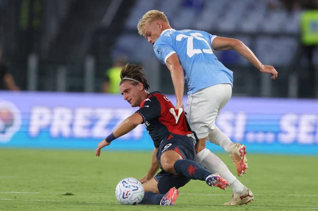 SOCCER - Serie A - SS Lazio vs. Genoa CFC Photo by IPA ABACAPRESS.COM87947466 - Rome, Italy — August 30, 2026: Oliver Provstgaard Nielsen (defender) of Lazio and Lorenzo Colombo (forward) of Genoa CFC in action during the 2026–2027 Italian Serie A – Enilive Championship soccer match between SS Lazio and Genoa CFC at the Olympic Stadium in Rome. Rome Italy  Copyright: xIPAxSport ABACAx