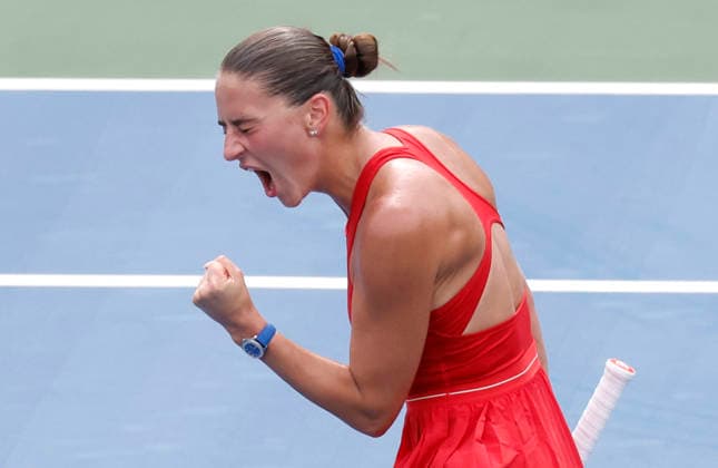Marta Kostyuk of Ukraine celebrates after match point in her straight sets victory over Storm Hunter of Australia on The Grandstand court in the first round at the 2026 US Open Tennis Championship at the USTA Billie Jean King National Tennis Center in New York City on Sunday, August 30, 2026.  NYP20260830113 JOHNxANGELILLO