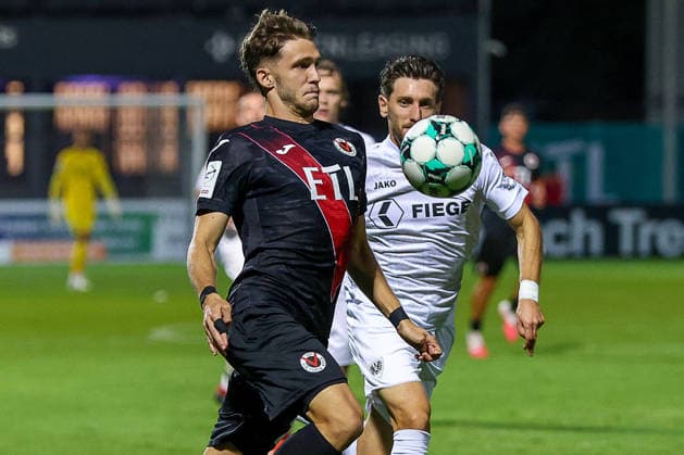 August 30, 2026, xsscx, Soccer 3rd Division, Viktoria Köln vs. Preußen Münster, Matchday 3, Sportpark Höhenberg, 2026–2027 Season: Pascal Fallmann of Viktoria Köln (No. 28) in a tackle against Charalambos Makridis of SC Preußen Münster (No. 14). DFB regulations prohibit any use of photographs as image sequences and or quasi-video. Photo: xSandraxScherningxPressefotoKochx, North Rhine-Westphalia Germany