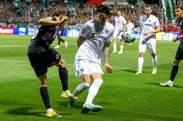 August 30, 2026, xsscx, Soccer 3rd Division, Viktoria Köln vs. Preußen Münster, Matchday 3, Sportpark Höhenberg, 2026–2027 season: Niklas Jahn of Viktoria Köln (No. 16) in a tackle against Antonio Tikvic of SC Preußen Münster (No. 4). DFB regulations prohibit any use of photographs as image sequences and or quasi-video. Photo: xSandraxScherningxPressefotoKochx, North Rhine-Westphalia, Germany