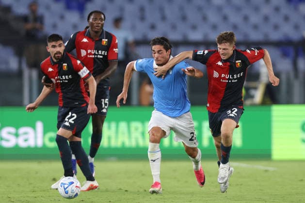 SOCCER - Serie A - SS Lazio vs. Genoa CFC Photo by IPA ABACAPRESS.COM87948055 - Rome, Italy - August 30, 2026: Matteo Cancellieri (forward) of Lazio battles for the ball with Morten Frendrup (midfielder) of Genoa CFC during the 2026–2027 Italian Serie A-Enilive Championship soccer match between SS Lazio and Genoa CFC at the Olympic Stadium in Rome. Rome Italy  Copyright: xIPAxSport ABACAx