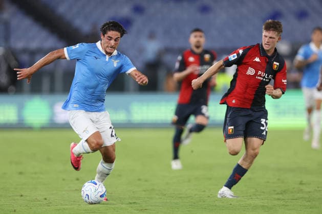 SOCCER - Serie A - SS Lazio vs. Genoa CFC Photo by IPA ABACAPRESS.COM87948061 - Rome, Italy - August 30, 2026: Matteo Cancellieri (forward) of Lazio battles for the ball with Morten Frendrup (midfielder) of Genoa CFC during the 2026-2027 Italian Serie A-Enilive Championship soccer match between SS Lazio and Genoa CFC at the Olympic Stadium in Rome. Rome Italy  Copyright: xIPAxSport ABACAx