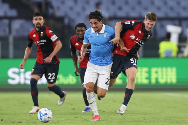 SOCCER - Serie A - SS Lazio vs. Genoa CFC Photo by IPA ABACAPRESS.COM87948073 - Rome, Italy - August 30, 2026: Matteo Cancellieri (forward) of Lazio battles for the ball with Morten Frendrup (midfielder) of Genoa CFC during the 2026–2027 Italian Serie A-Enilive Championship soccer match between SS Lazio and Genoa CFC at the Olympic Stadium in Rome. Rome Italy  Copyright: xIPAxSport ABACAx