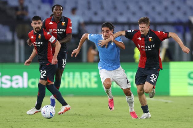 SOCCER - Serie A - SS Lazio vs. Genoa CFC Photo by IPA ABACAPRESS.COM87948078 - Rome, Italy — August 30, 2026: Matteo Cancellieri (forward) of Lazio battles for the ball with Morten Frendrup (midfielder) of Genoa CFC during the 2026–2027 Italian Serie A – Enilive Championship soccer match between SS Lazio and Genoa CFC at the Olympic Stadium in Rome. Rome Italy  Copyright: xIPAxSport ABACAx