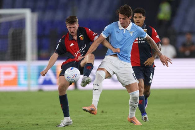 SOCCER - Serie A - SS Lazio vs. Genoa CFC Photo by IPA ABACAPRESS.COM87950721 - Rome, Italy - August 30, 2026: Morten Frendrup (midfielder) of Genoa CFC battles for the ball with Andrea Pinamonti of Lazio during the 2026–2027 Italian Serie A – Enilive Championship soccer match between SS Lazio and Genoa CFC at the Olympic Stadium in Rome. Rome Italy  Copyright: xIPAxSport ABACAx