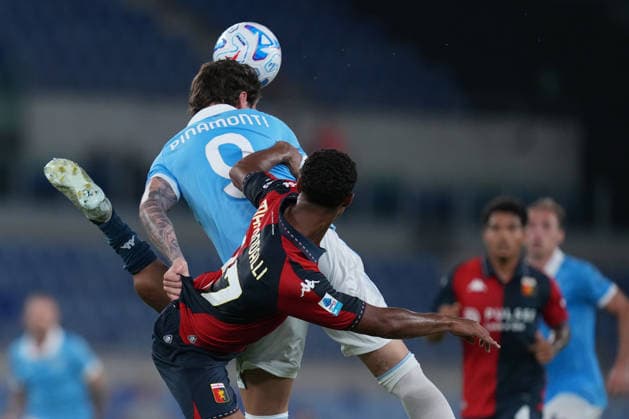 IPA87953467 - Lazio s Andrea Pinamonti battles for the ball with Genoa s Alessandro Marcandalli during the 2026–2027 Serie A match between SS Lazio and Genoa CFC at the Olympic Stadium in Rome on August 30, 2026.  Copyright: xFabrizioxCorradetti IPAxSportx xx 87953467