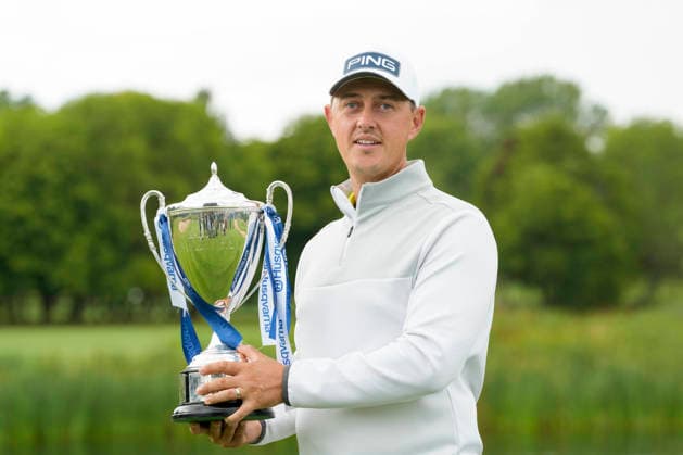 SUTTON COLDFIELD, ENGLAND - AUG 30: Joe Dean (ENG) holds the trophy after winning the 2026 Husqvarna British Masters at The Belfry, Sutton Coalfield on August 30, 2026 in Warwickshire, England The 2026 Husqvarna British Masters