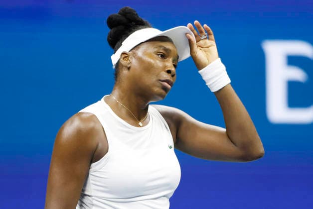 Venus Williams reacts after losing a point to Sofia Kenin in Arthur Ashe Stadium in the first round at the 2026 US Open Tennis Championship at the USTA Billie Jean King National Tennis Center in New York City on Sunday, August 30, 2026. Navone defeated Djokovic in 5 sets.  NYP20260830159 JOHNxANGELILLO