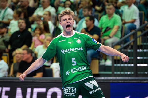 August 30, 2026, xovx, Opel Handball Bundesliga, HSG Wetzlar vs. SG BBM Bietigheim; Tristan Kirschner celebrates for HSG Wetzlar; Wetzlar, Buderus Arena, Hesse, Germany, DE
