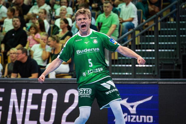 August 30, 2026, xovx, Opel Handball Bundesliga, HSG Wetzlar vs. SG BBM Bietigheim; Tristan Kirschner celebrates for HSG Wetzlar; Wetzlar, Buderus Arena, Hesse, Germany, DE