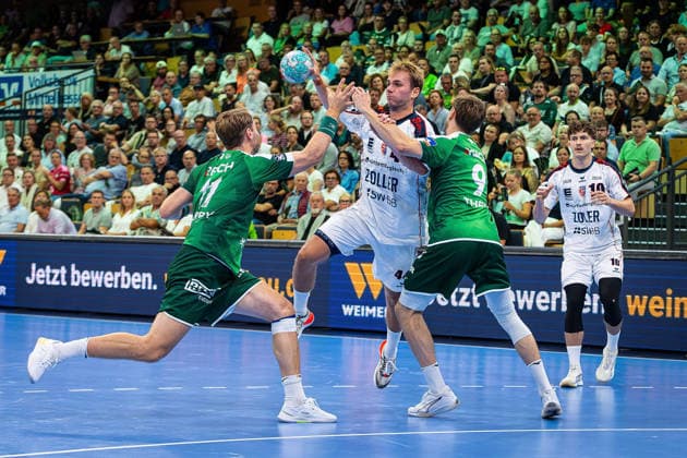 August 30, 2026, xovx, Handball, Opel Handball Bundesliga, HSG Wetzlar vs. SG BBM Bietigheim: Petter Överby (HSG Wetzlar), Mathias Larson (SG BBM Bietigheim), Niklas Theiß (HSG Wetzlar), Jonas Josef (SG BBM Bietigheim), Wetzlar Buderus Arena, Hesse, Germany, DE