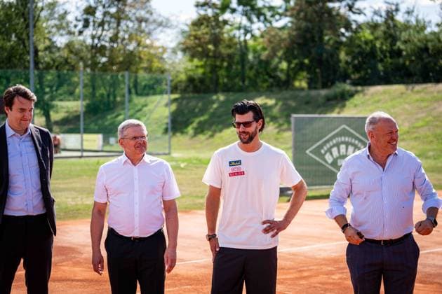 TENNIS - Davis Cup, AUT vs BEL VIENNA,AUSTRIA,31.AUG.26 - TENNIS - ITF Davis Cup, qualification round 2, Austria vs Belgium, preview, press conference, PK, Pressekonferenz OETV. Image shows president Martin Kirnbauer (WAC), politician Christian Deutsch, sporting director Juergen Melzer and president Richard Grasl (OETV). GEPAxpictures xKevinxHackner