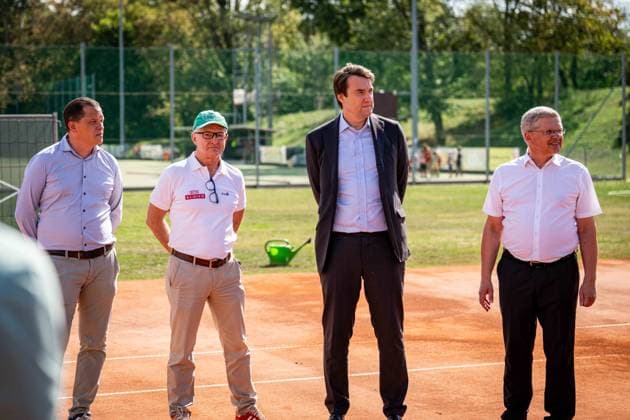 TENNIS - Davis Cup, AUT vs BEL VIENNA,AUSTRIA,31.AUG.26 - TENNIS - ITF Davis Cup, qualification round 2, Austria vs Belgium, preview, press conference, PK, Pressekonferenz OETV. Image shows Johannes Schreiner, managing director Thomas Schweda (OETV), president Martin Kirnbauer (WAC) and politician Christian Deutsch. GEPAxpictures xKevinxHackner