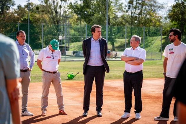 TENNIS - Davis Cup, AUT vs BEL VIENNA,AUSTRIA,31.AUG.26 - TENNIS - ITF Davis Cup, qualification round 2, Austria vs Belgium, preview, press conference, PK, Pressekonferenz OETV. Image shows Johannes Schreiner, managing director Thomas Schweda (OETV), president Martin Kirnbauer (WAC), politician Christian Deutsch and sporting director Juergen Melzer (OETV). GEPAxpictures xKevinxHackner