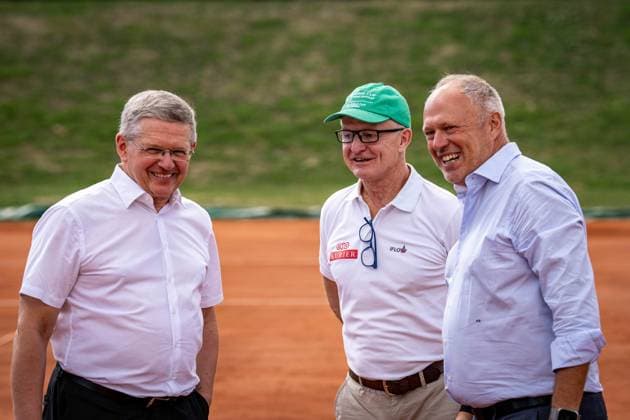 TENNIS - Davis Cup, AUT vs BEL VIENNA,AUSTRIA,31.AUG.26 - TENNIS - ITF Davis Cup, qualification round 2, Austria vs Belgium, preview, press conference, PK, Pressekonferenz OETV. Image shows politician Christian Deutsch, managing director Thomas Schweda and president Richard Grasl (OETV). GEPAxpictures xKevinxHackner