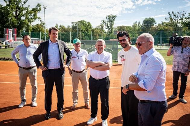 TENNIS - Davis Cup, AUT vs BEL VIENNA,AUSTRIA,31.AUG.26 - TENNIS - ITF Davis Cup, qualification round 2, Austria vs Belgium, preview, press conference, PK, Pressekonferenz OETV. Image shows Johannes Schreiner, president Martin Kirnbauer (WAC), managing director Thomas Schweda (OETV), politician Christian Deutsch, sporting director Juergen Melzer and president Richard Grasl (OETV). GEPAxpictures xKevinxHackner