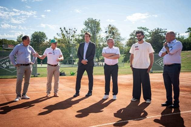 TENNIS - Davis Cup, AUT vs BEL VIENNA,AUSTRIA,31.AUG.26 - TENNIS - ITF Davis Cup, qualification round 2, Austria vs Belgium, preview, press conference, PK, Pressekonferenz OETV. Image shows Johannes Schreiner, managing director Thomas Schweda (OETV), president Martin Kirnbauer (WAC), politician Christian Deutsch, sporting director Juergen Melzer and president Richard Grasl (OETV). GEPAxpictures xKevinxHackner
