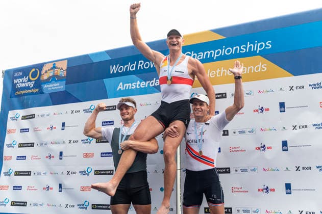 Amsterdam The Netherlands 30th August 2026 2026 World Rowing Championships on the Bosbaan in Amsterdam Men s Single Sculls Final A (Final) Medal ceremony. Oliver Zeidler (GER) wins gold. Yauheni Zalaty (AIN) wins silver. Jonas Slettemark Juel (NOR) wins bronze.