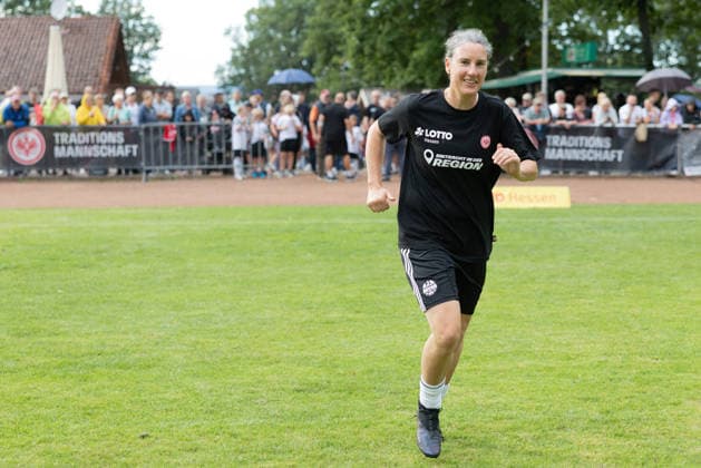 FC Nieder Florstadt Over-40s vs. Eintracht Frankfurt Legends Team, Eintracht in the Region: Birgit Prinz warming up for the Eintracht Frankfurt Legends Team’s match at FC Nieder Florstadt on August 28, 2026, Florstadt, Hesse, Germany, Waldsportplatz Nieder Florstadt