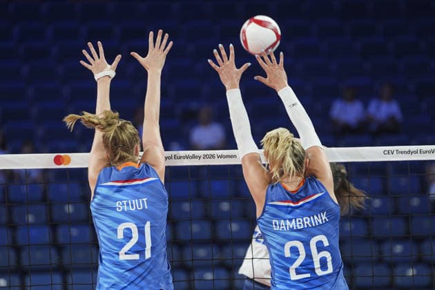The Netherlands v Slovenia - CEV EuroVolley 2026 ISTANBUL, TURKIYE - AUGUST 31: Britte Stuut (21) and Elles Dambrink (26) of the Netherlands in action during the CEV EuroVolley 2026 Women Round of 16 match between the Netherlands and Slovenia at Sinan Erdem Dome in Istanbul, Turkiye on August 31, 2026. Beyza Comert Anadolu Istanbul Turkey. Editorial use only. Please get in touch for any other usage.  Copyright: x2026xAnadoluxBeyzaxComertx