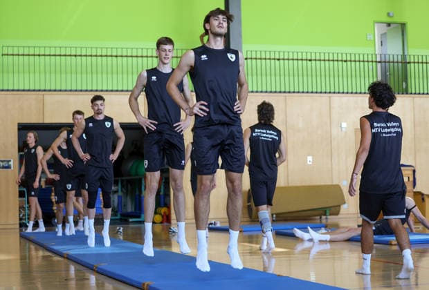 August 31, 2026, Germany, Ludwigsburg, Barock Volleys MTV Ludwigsburg Volleyball Team Kicks Off Training; new recruit Marius Büchin in the foreground, Gregor Migge behind him