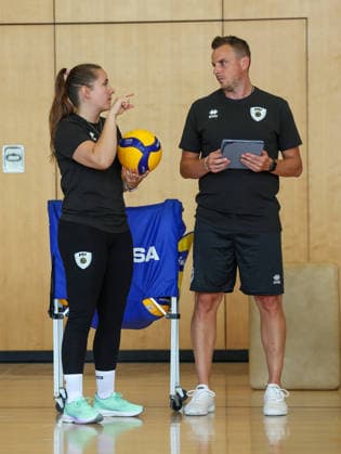 August 31, 2026, Germany, Ludwigsburg, Barock Volleys MTV Ludwigsburg Volleyball Team Kicks Off Training; from left: Team Manager Roosa Koskelo, Coach Patrick Steuerwald