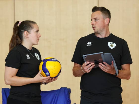 August 31, 2026, Germany, Ludwigsburg, Barock Volleys MTV Ludwigsburg Volleyball Team Kicks Off Training; from left: Team Manager Roosa Koskelo, Coach Patrick Steuerwald