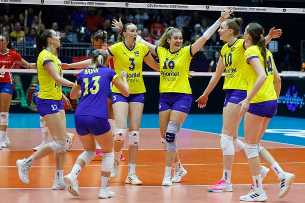 August 31, 2026: Anna Haak, Linda Andersson, Vilma Julevik, Isabelle Haak, and Hanna Hellvig of Sweden celebrate during the CEV EuroVolley 2026 round of 16 volleyball match between the Czech Republic and Sweden on August 31, 2026 in Brno. Photo by Pavel Lebeda. BILDBYRAN COP 18 XY0126 volleyball women s euro volleyball championship round of 16 Czech Republic Sweden BBENG celebration  Copyright: PAVELxLEBEDA BB260831BB470