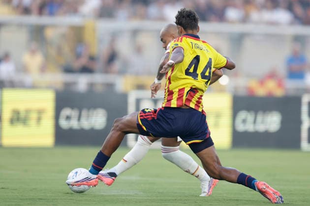 Serie a football match Lecce vs AS Roma Roma™s Dutch midfielder Donyell Malen scores against lecce goal of 0-1 during the Serie A football match between Lecce and AS Roma at the Via Del Mare Ettore Giardiniero Stadium in Lecce on August 31, 2026. _BPH4268 Copyright: xAntonioxBalascox