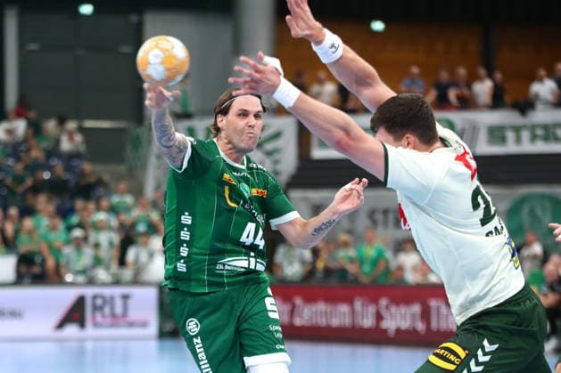 Handball, HBL2: SC DHfK Leipzig vs. GWD Minden, August 31, 2026—Dean Bombac, 44; SC DHfK Leipzig throws. Handball, 2. Bundesliga, 2026–2027 season, Matchday 1: SC DHfK Leipzig vs. GWD Minden on August 31, 2026, at the Quarterback Immobilien Arena Leipzig Copyright: xBEAUTIFULxSPORTS JanxKaeferx