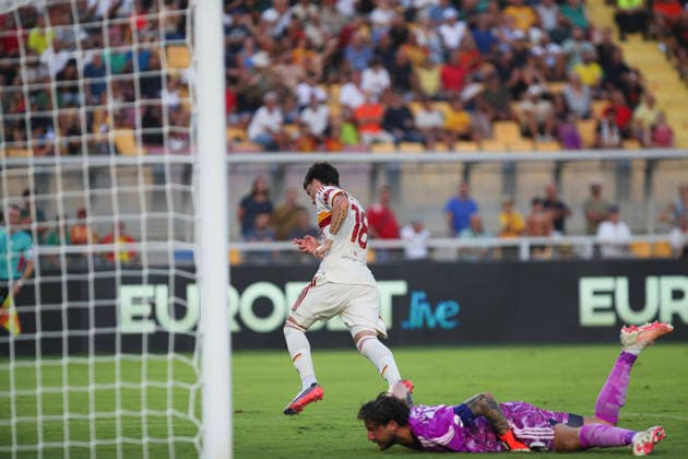 Matias Soule of AS Roma celebrates the goal of 3-0 scored during the serie A match between US Lecce and AS Roma at Ettore Giardiniero - Via del Mare stadium in Lecce (Italy), August 31, 2026. massimilianoxcarnabuci