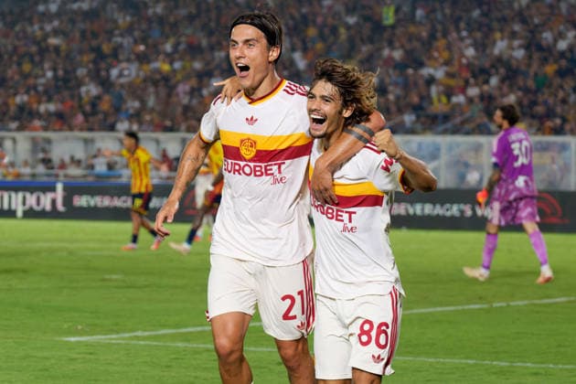 SOCCER - Serie A - US Lecce vs. AS Roma Photo by IPA ABACAPRESS.COM87980532 - Rodrigo Mora of AS Roma celebrates after scoring a goal with Paulo Dybala of AS Roma during the US Lecce vs. AS Roma Serie A soccer match in Lecce, Italy, on August 31, 2026 Lecce Italy  Copyright: xIPAxSport ABACAx