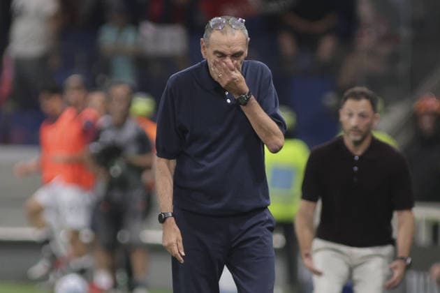 IPA87981826 - Maurizio Sarri, head coach of Atalanta BC, expresses disappointment during the Atalanta BC vs. Bologna BFC match—the 2nd game of the 2026-27 Serie A Enilive season—at the New Balance Arena in Bergamo (BG), Italy, on August 31, 2026.  Copyright: xDavidexCasentini IPAxSportx xx 87981826