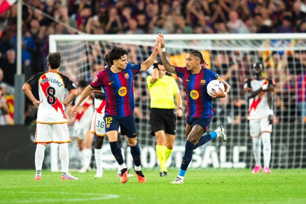 Spanish LaLiga EA Sports FC Barcelona, Barca v Rayo Vallecano in Barcelona, Spain. FC Barcelona player Raphinha (11) celebrates his score with Xavi Espart (12) during LaLiga EA Sports match between FC Barcelona and Rayo Vallecano in Spotify Camp Nou, Barcelona, Spain, on August 31, 2026. Barcelona Spotify Camp Nou Barcelona Spain