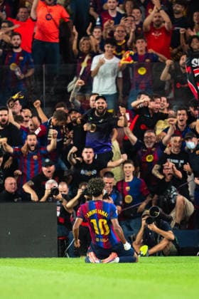 Spanish LaLiga EA Sports FC Barcelona, Barca v Rayo Vallecano in Barcelona, Spain. FC Barcelona player Lamine Yamal (10) celebrates his score during LaLiga EA Sports match between FC Barcelona and Rayo Vallecano in Spotify Camp Nou, Barcelona, Spain, on August 31, 2026. Barcelona Spotify Camp Nou Barcelona Spain