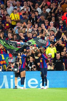 Spanish LaLiga EA Sports FC Barcelona, Barca v Rayo Vallecano in Barcelona, Spain. FC Barcelona player Lamine Yamal (10) celebrates his score with Raphinha (11) during LaLiga EA Sports match between FC Barcelona and Rayo Vallecano in Spotify Camp Nou, Barcelona, Spain, on August 31, 2026. Barcelona Spotify Camp Nou Barcelona Spain