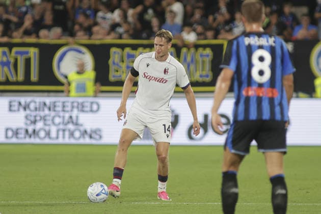 IPA87981935 - Torbjorn Lysaker Heggem of Bologna FC plays the ball during the Atalanta BC vs. Bologna BFC match in the 2nd round of the 2026-27 Enilive Serie A at the New Balance Arena in Bergamo (BG), Italy, on August 31, 2026.  Copyright: xDavidexCasentini IPAxSportx xx 87981935
